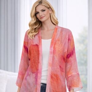 Chicos Pink and Orange Sheer Kimono XL Cardigan Summer Spring Boho Whimsical L